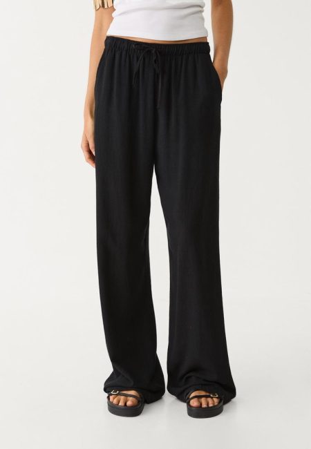 Stradivarius Zwierige broek met linnen  Zwart XS