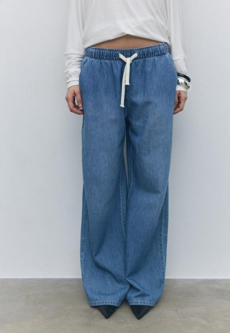 Stradivarius D35 Soepele denim broek met koord  MIDDENBLAUWE DENIM WASSING XS