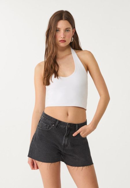 Stradivarius Short denim brillo  VERBLEEKTE ZWARTE WASSING 44