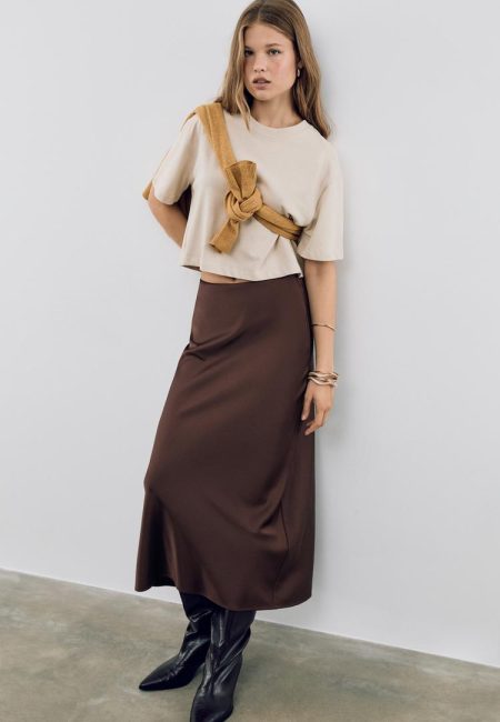 Stradivarius Satijnen halflange rok  Bruin S