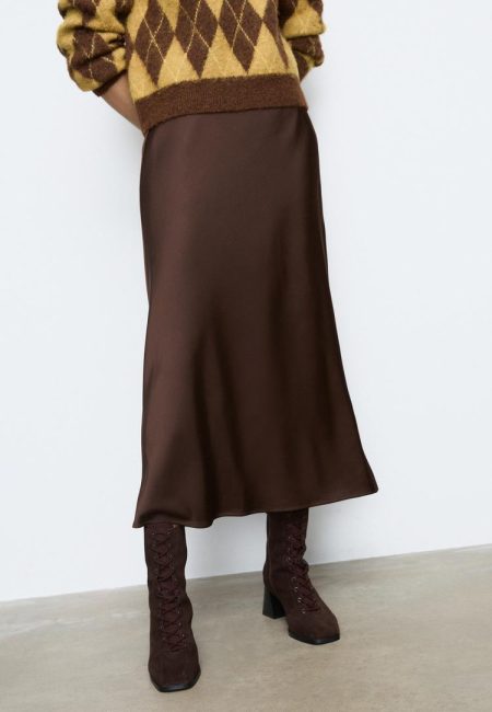 Stradivarius Falda midi zijdeachtig  Bruin S