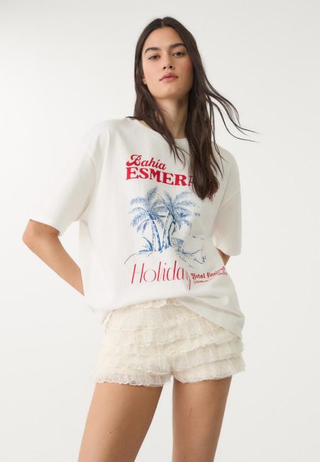 Stradivarius Shorts met kanten volants  Ecru XS