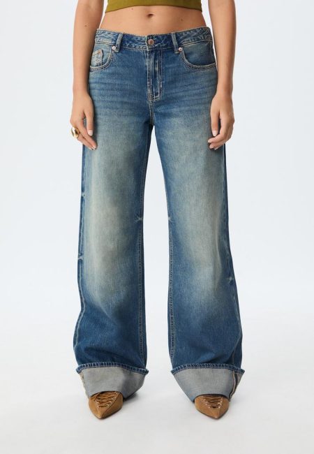 Stradivarius D91 Jeans low wide leg  MIDDENBLAUWE DENIM WASSING 34