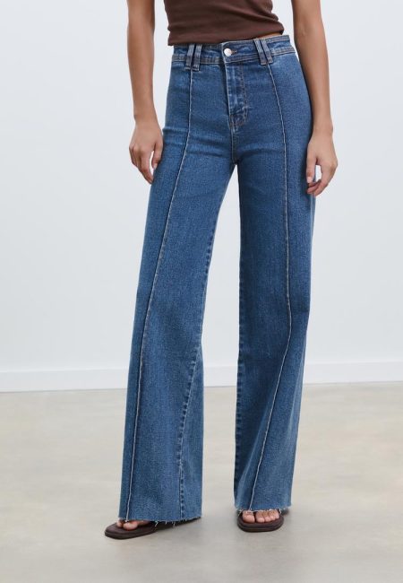 Stradivarius D63 Jeans wijde pijpen stiksels  MIDDENBLAUWE DENIM WASSING 36