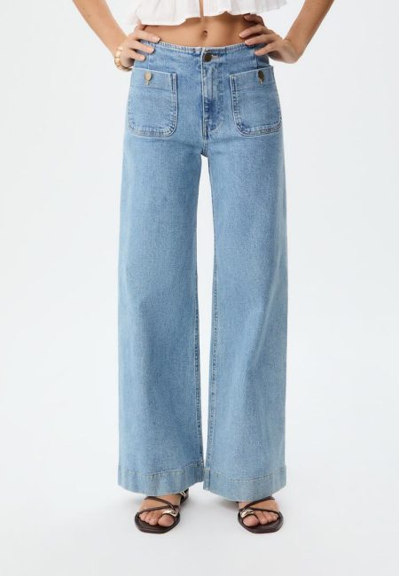 Stradivarius D77 minimalistische jeans met zakken  LICHTE MIDDENBLAUWE DENIM WASSING 34