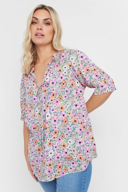 Yours Blouse Met Bloemenmotief En Strikdetail In Roze/Oranje