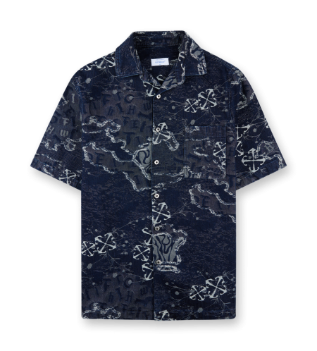 Blue Camo Jacquard Denim Bowling Shirt - L