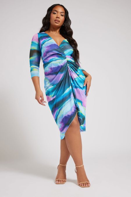 Yours London Midijurk Met Abstracte Print En Mesh In Blauw/Roze