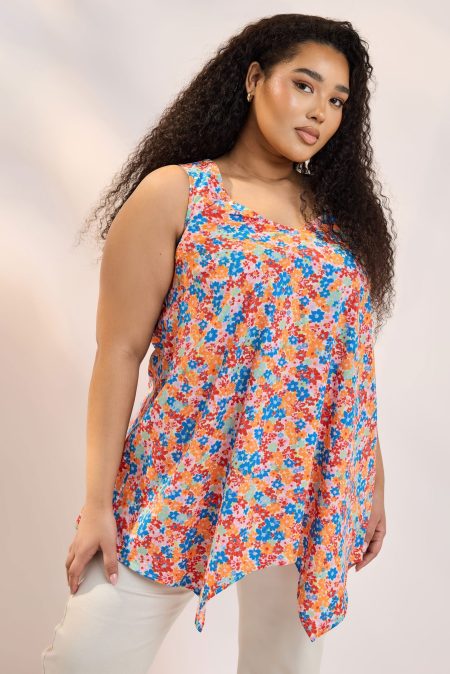 Yours Hemd Met Bloemenmotief En Asymmetrische Zoom In Oranje/Blauw