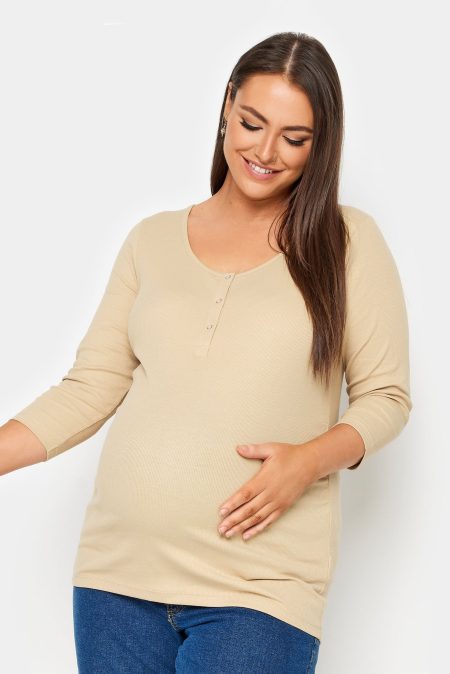 Bump It Up Maternity Geribbelde Top Met Drukknopen In Beige