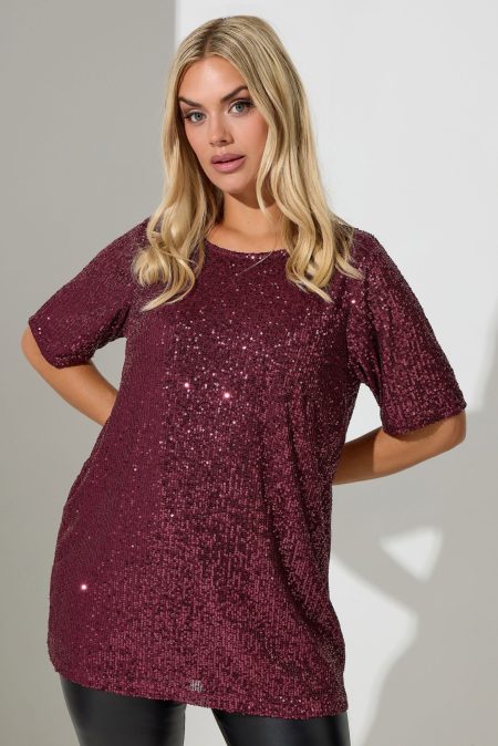 Yours London Top Met Korte Mouwen En Pailletten In Bordeauxrood