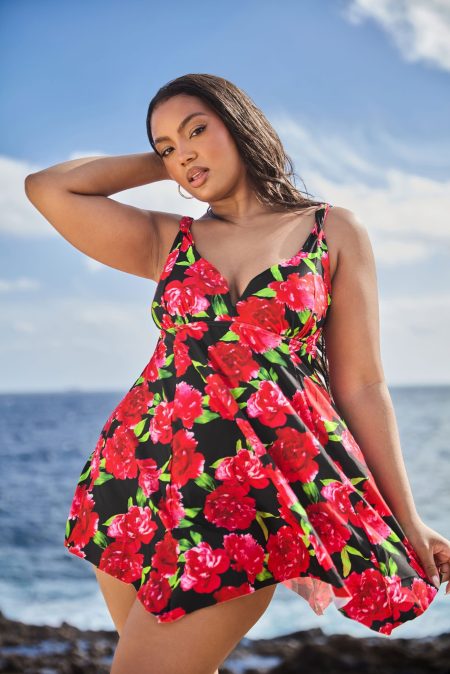 Yours Badpakjurk Met Asymmetrische Zoom En Bloemontwerp In Rood/Zwart