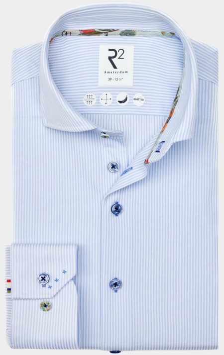 R2 Amsterdam Casual hemd lange mouw Blauw light blue knitted stripe 128.WSP.038/018