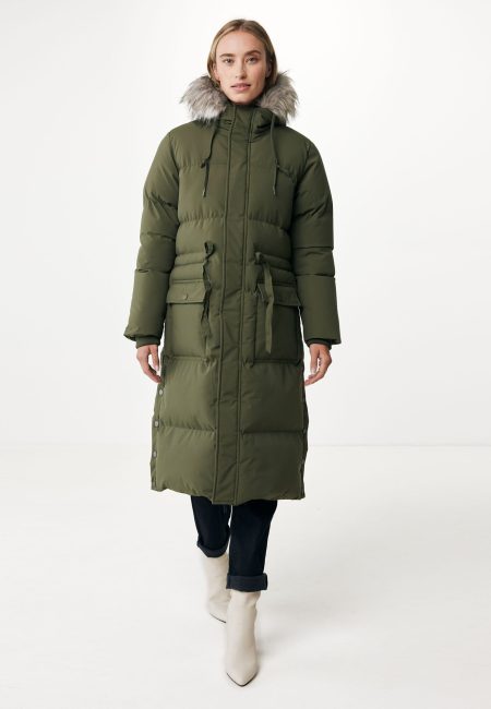 Hooded Jacket Met Uitneembare Bontkraag Olijfgroen