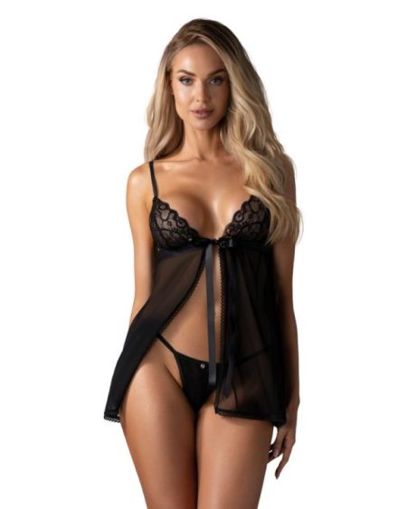 Obsessive - Blomentis Babydoll en String - Zwart