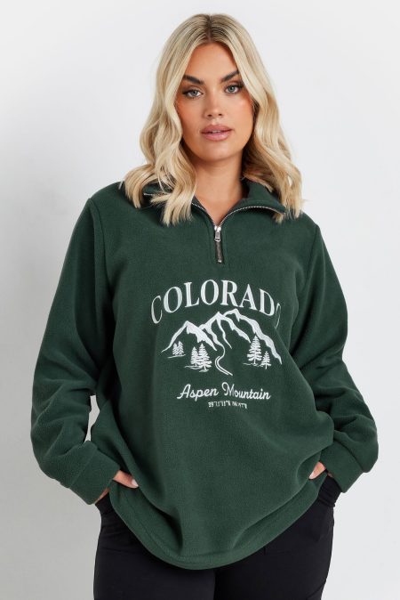 Yours Fleece Met Kwart Rits En 'Colorado' Print In Bosgroen