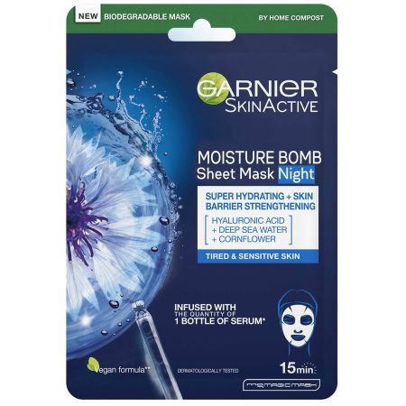 Garnier Moisture Bomb Zeewater en Hyaluronzuur Weefselmasker voor 's Nachts 32 g