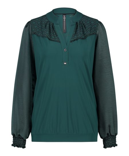 Zip73 41203/300 Top Ruffle Mouw Glans T-shirt Lange Mouw 300 Groen