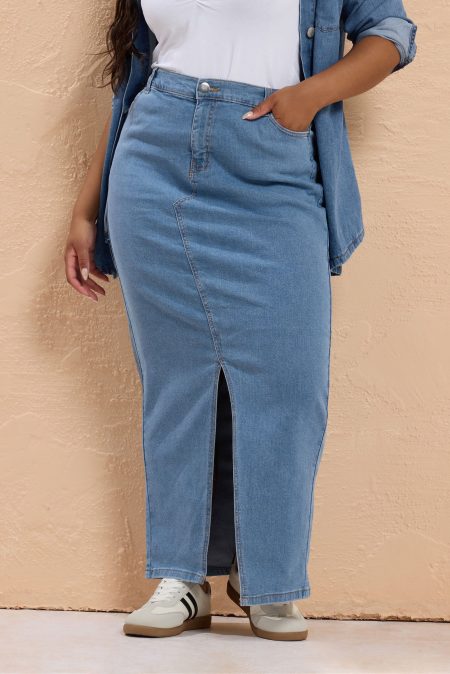 Yours Denim Maxirok Met Split Aan De Voorkant In Blauw