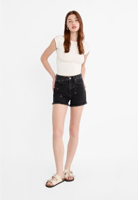 Stradivarius Denim short met steentjes  Zwarte denim 38