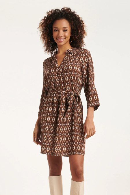 Smashed Lemon 24661 bruine tribal print jurk met kraag