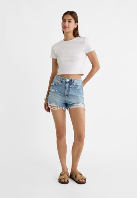 Stradivarius D75 denim short met scheuren  Blauwe denim 40