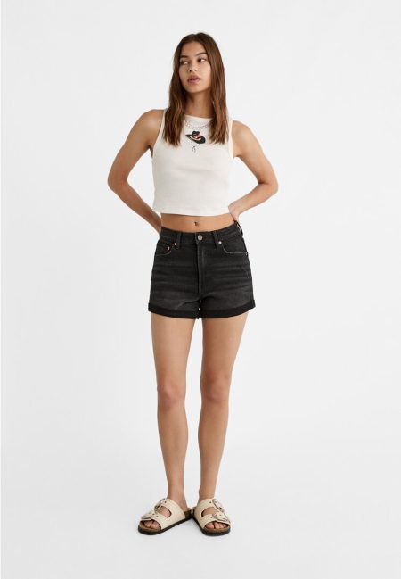 Stradivarius D85 Slim mom fit short  Zwarte denim 42