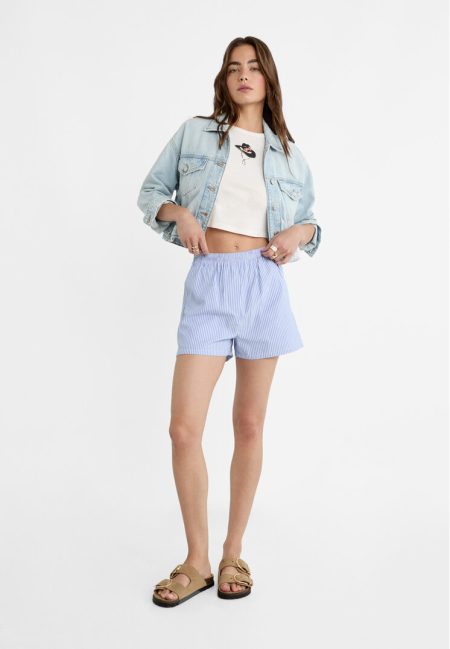 Stradivarius Gestreepte popeline boxershort met elastische tailleband  Hemelsblauw M