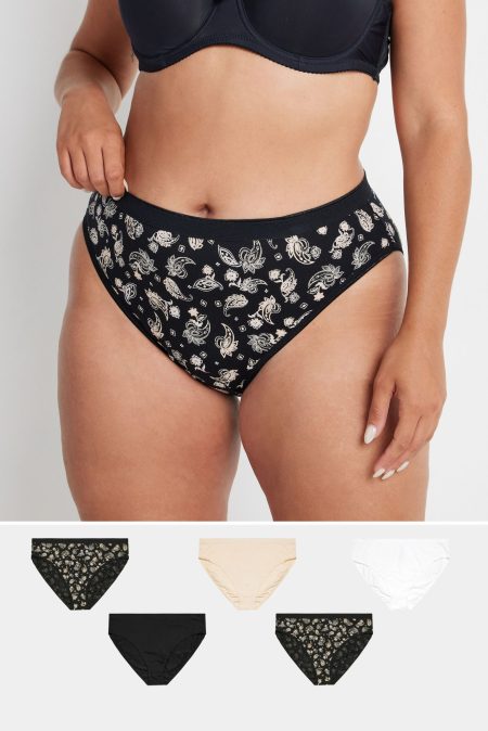 Yours 5 Pack Hoog Uitgesneden Tailleslips Van Katoenmix Met Paisleyprint In Zwart/Beige Size 66-68