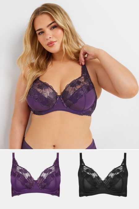 Yours 2 Pack Bh's Met Geborduurde Bloemenrand En Beugel In Paars/Zwart