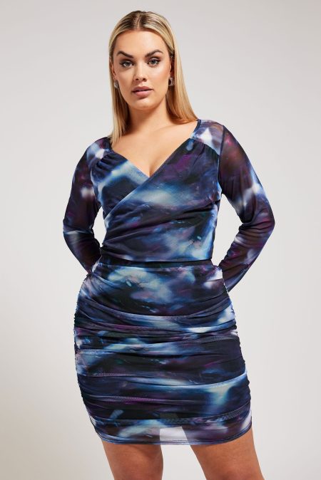 Yours London Minirok Van Mesh Met Abstracte Print In Blauw/Paars Size 52