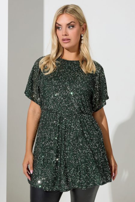 Yours London Peplum Top Met Paillettenversiering En Korte Mouwen In Donkergroen