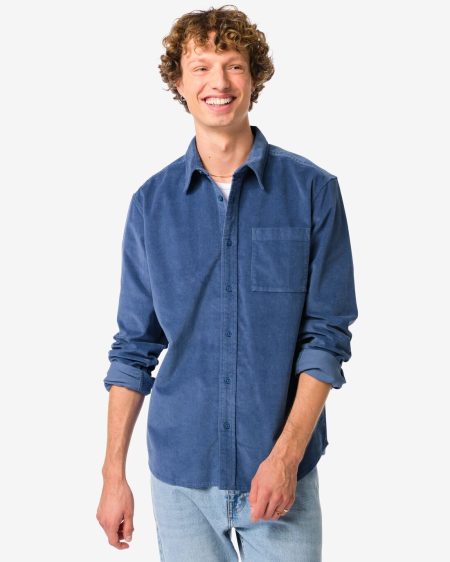 HEMA HEMA Herenoverhemd Amir Corduroy Middenblauw (middenblauw)