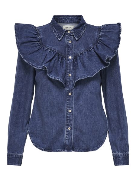 Only Onlindigo Ls Frill Dnm Shirt Qyt Noos Blouse Dark Blue Denim