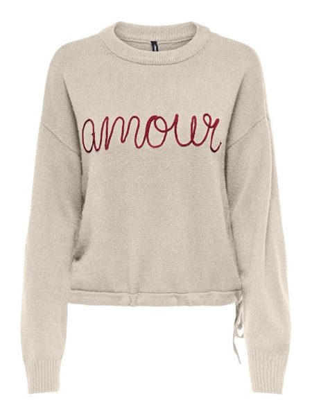 Only Onlkatia Ls Text O-neck Cc Knt Trui Whitecap Gray String Embroidery