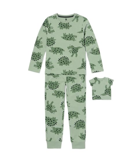 HEMA HEMA Kinderpyjama Met Poppenpyjama Dino Donkergroen (donkergroen)