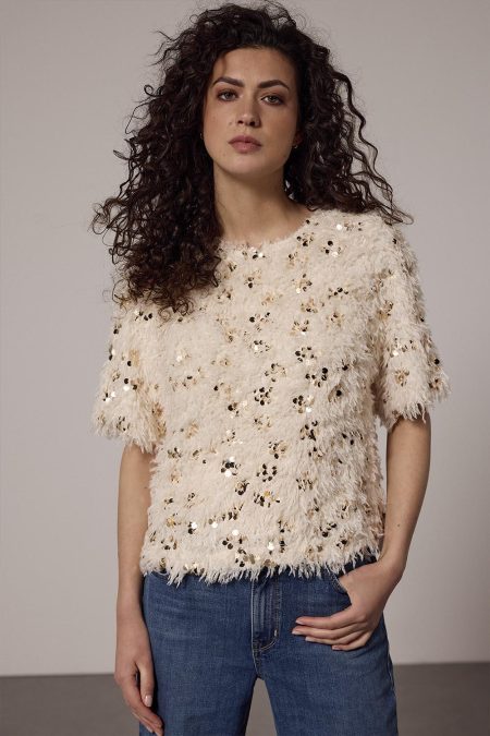 Tramontana Feathered Sequin Top C35-18-401 T-shirt Lange Mouw 006800-stone
