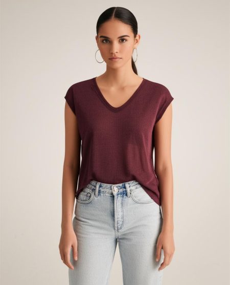 Only Onlsilvery S/s V Neck Lurex Top Jrs Noos T-shirts Burgundy