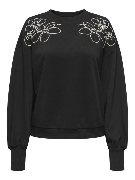 Only Onlbrooke L/s O-neck Detail Swt Noos Sweater Black Ecru Draw Flower