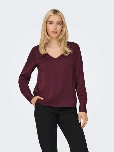 Only Onlmika Vis Satin L/s Jew V-neck Top Wvn T-shirt Lange Mouw Decadent Chocolate