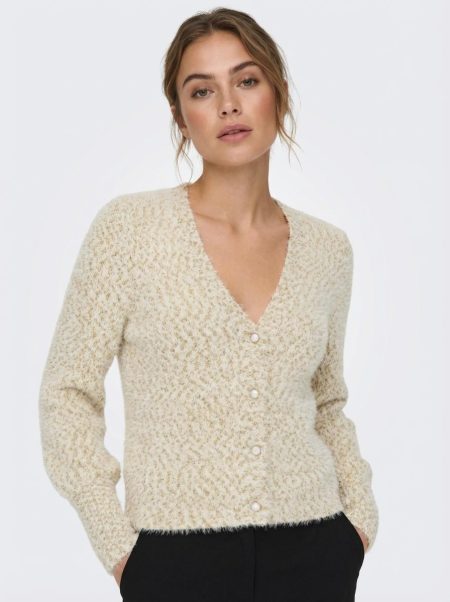 Only Onlrosette Ls Cardigan Cs Knt Vest Egret Pale Gold Glitter/ Dtm Button W. Gold