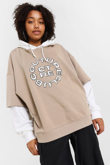 Couture Club Double Layered T-Shirt Hoodie Dames Beige/Wit - Maat S - Kleur: BeigeWit | Soccerfanshop