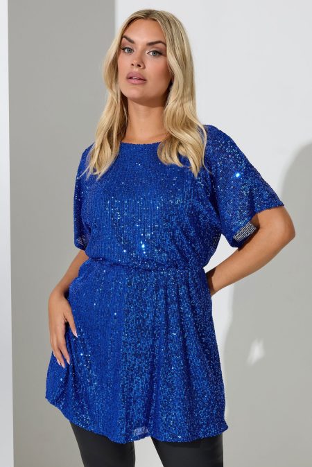 Yours London Peplum Top Met Paillettenversiering En Korte Mouwen In Kobaltblauw