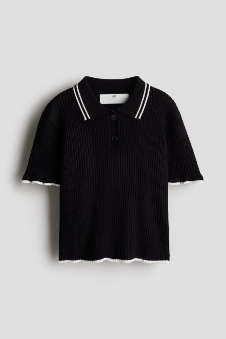 H & M - Ribgebreide top met kraag - Zwart