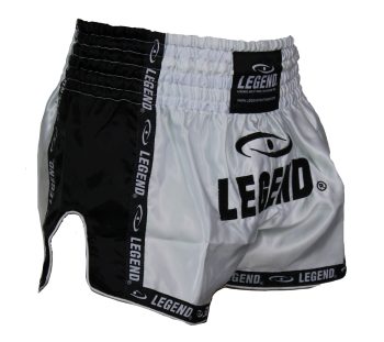 Legend Sports Kickboks broekje kids/volwassenen zwart/wit satijn