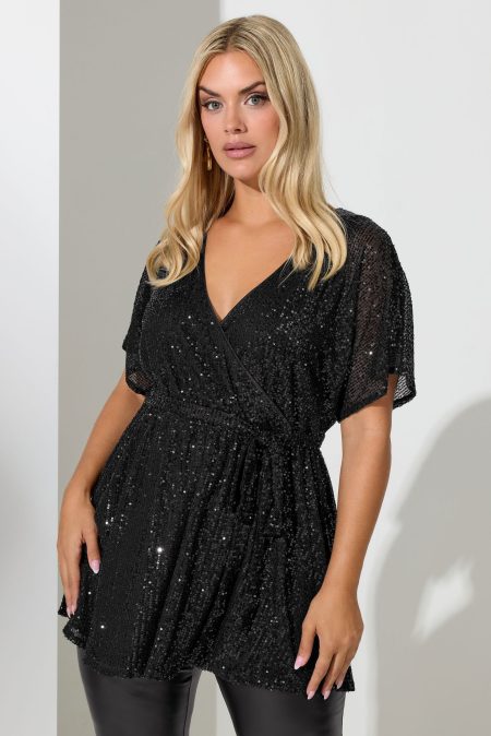 Yours London Wikkeltop Met Korte Mouwen En Paillettenversiering In Zwart