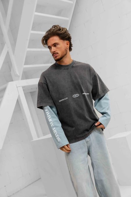 Jorcustom Uncommon Minds Double Layered Longsleeve T-Shirt Heren Donkergrijs/Lichtblauw - Maat L - Kleur: LichtblauwDonkergrijs | Soccerfanshop