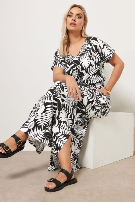 Yours Katoenen Maxijurk Met Tropische Print En Korte Mouwen In Zwart