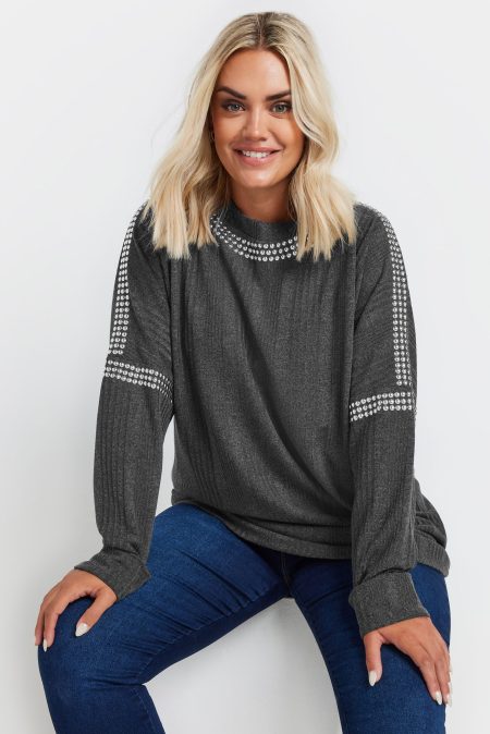 Yours Geribbelde Trui Met Studversiering In Grijs