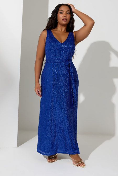 Yours London Mouwloze Maxijurk Met Pailletten En Tailleband In Kobaltblauw
